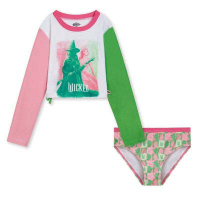 wicked Elphaba Glinda Big Girls UPF 50+ Rash Guard and Bikini Bottom Pink / Green 14-16