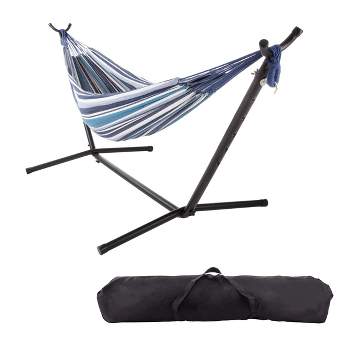 Hastings Home Double Brazilian Hammock With Height Adjustment Stand and Carrying Bag - 113" x 39", Blue/White