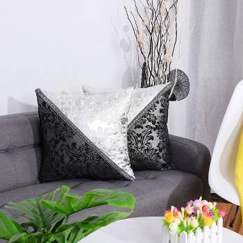 PiccoCasa 2 Pcs 18" x 18" Polyester Plaid Sofa Decorative Pillow Cover Black and Silver