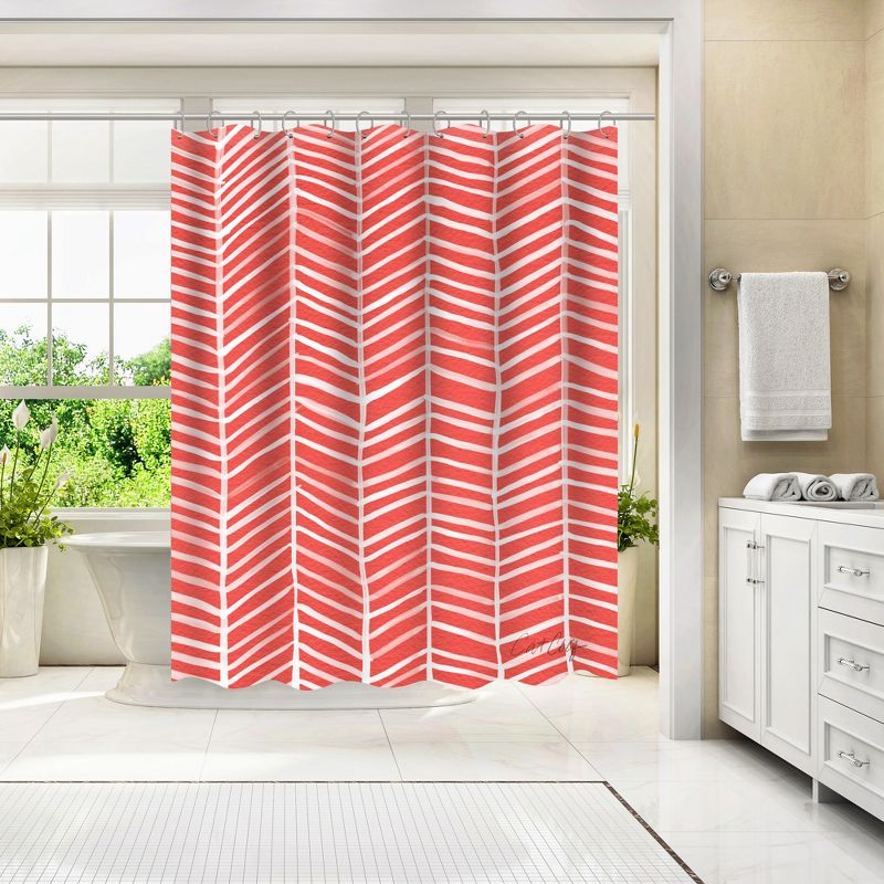 Americanflat 71" x 74" Shower Curtain, Coral Herring Bone by Cat Coquillette, 4 of 9