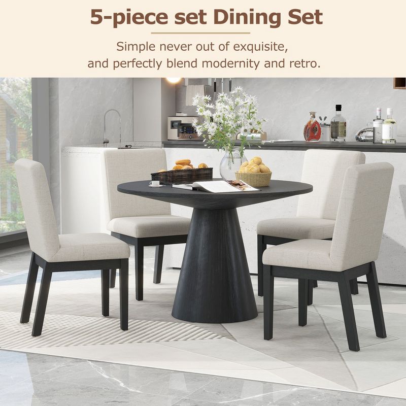 5 PCS Dining Table Set, Retro Round Table with 4 Upholstered Chairs-ModernLuxe, 4 of 15