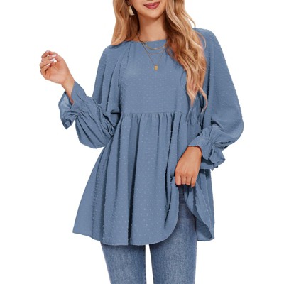 EXLURA Womens Long Sleeve Blouses Swiss Dot Babydoll Loose Fit Maternity Top 2025 Spring Fall Tunic Shirts Dressy Casual Tops White
