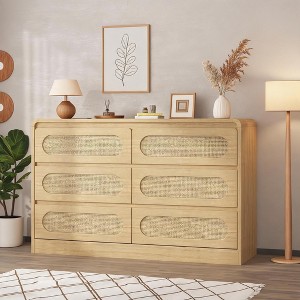 dresser drawer organizer Wooden Storage Dresser with Rattan Decor Drawers, 6 Drawer Organizer  Cabinet for Bedroom
