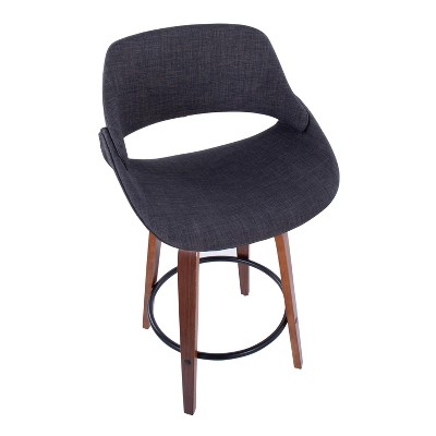 Charcoal Upholstered Walnut Wood Swivel Counter Stools with Black Metal Footrest, Set of 2