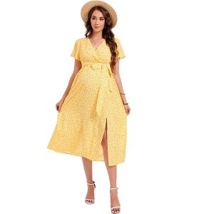 Clearlove Maternity Dress Floral Print Women V Neck High Waist Long Boho Floral Swing Flowy Slit Beach Maxi Dress - 1 of 4