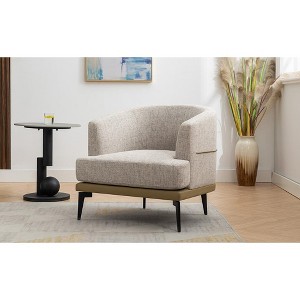 Vynxaria Modern Two-tone Barrel Fabric Chair, Upholstered Round Armchair for Living Room Bedroom Reading Room, Mustard Green - 1 of 4