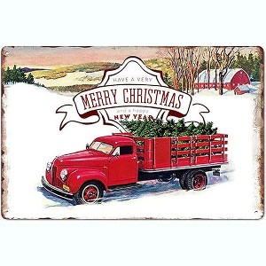 Lomsoe Merry Christmas Truck Trees Christmas Decorations Rustic Aluminum Wall Art Christmas Metal Tin Sign Christmas Gift 8x12in - 1 of 1