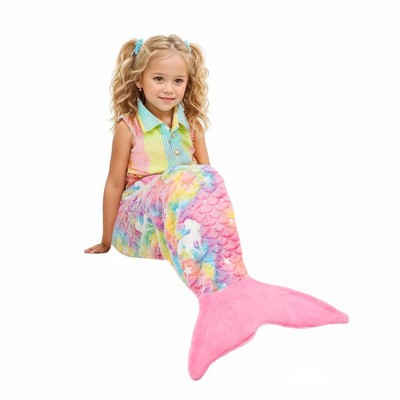 Catalonia Mermaid Tail Blanket for Toddlers Girls, Super Soft Plush Flannel Mermaid Sleeping Bag, Unicorn Pattern, Gift for Girls