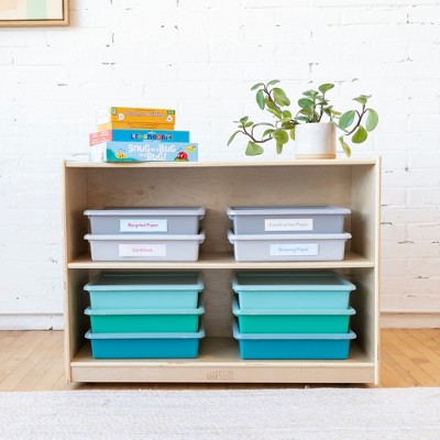 Stackable Green, Blue, and Gray Plastic Lidded Storage Bins for Kids