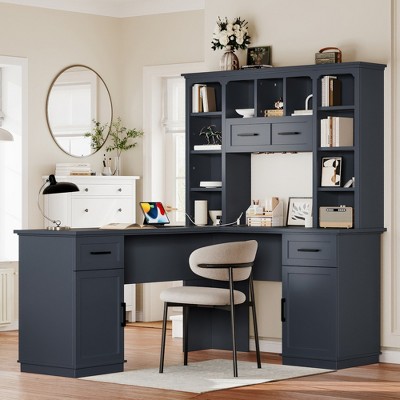 2-in-1 L-Shaped Corner Computer Desk with Bookshelf, Drawers, 11 Open Shelves & Power Outlet, for Study, Office, White/Antique Blue - ModernLuxe