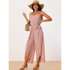 Seta T Women's Spaghetti Straps Sleeveless V Neck Tie Waist Split Wide Leg Jumpsuits - 4 of 4
