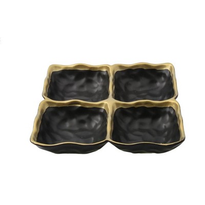 Classic Touch Black Porcelain 4 sectional Relish Dish with Gold Rim