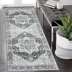 9x12 Area Rug Washable, Low-Pile Rug with Non-Slip Rubber Backing, Boho Vintage Style, Ideal for Bedroom Living Room Home Office Playroom, Blue - 1 of 4