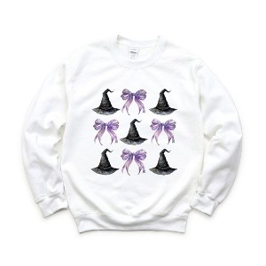 Simply Sage Market Women's Graphic Sweatshirt Coquette Purple Bow Witch Hat - 1 of 4
