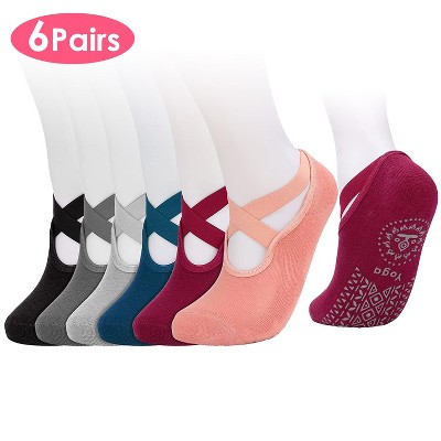 NPolar "6 Pairs Women's Non-Slip Yoga Socks with Straps for Pilates, Dance, Indoor Use" Red, Black Pink, Light Grey, Dark Grey, Blue