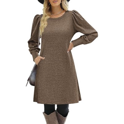 Coolmee Women Casual Puff Long Sleeve Round Neck Knit For Fall & Winter Tunic Mini Dress
