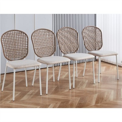 SKRAN Natural Woven Chair Set, Set of 4 Indoor Dining Chair, Coffee Chair with Metal Legs and Mesh Weaving for Home, Restaurant, Kitchen