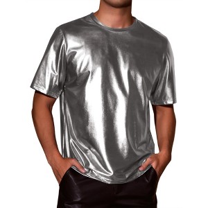 INSPIRE CHIC Men's Crew Neck Short Sleeve Party Disco Shiny Holographic T-Shirts - 1 of 4
