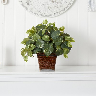 17" Green Pothos Silk Plant with Coiled Rope Planter