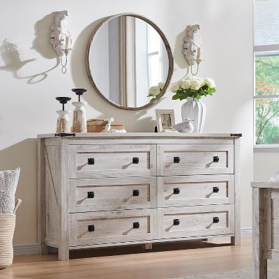 Farmhouse 6 Drawers Dresser, 54" Wide Wood Rustic Wide Chest of Drawers, Storage Dressers Organizer for Bedroom, Living Room, Hallway