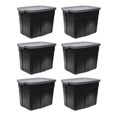 Rubbermaid Roughneck Tote 14 Gallon Stackable Storage Container with Stay  Tight Lid & Easy Carry Handles, Black/Cool Gray 6 Pack 