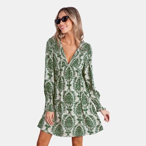 Women's Emerald/Sapphire Damask Print Long Sleeve Mini Swing Dress - Cupshe - 1 of 4
