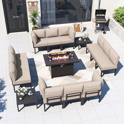 ALAULM Metal Patio Furniture Set Modern Metal Outdoor Conversation Sets w/45in Propane Fire Pit Table, Patio Sectional Sofa w/5 Inch Cushion