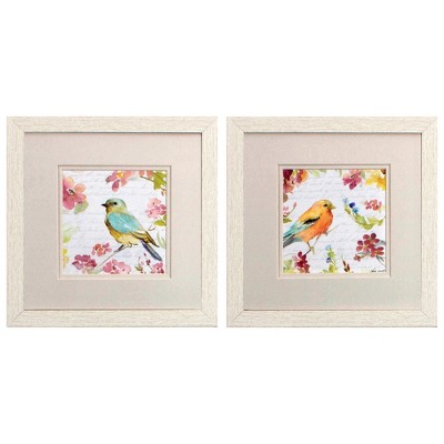 HomeRoots Set of Two Green Flower And Bird Square Framed Art
