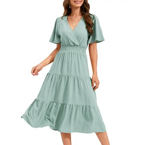 Women's Casual Wrap V Neck Midi Dress Short Sleeve Smocked Waist Tiered A Line Pleated Flowy Maxi Dress - 1 of 4