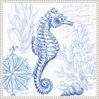22" Coastal Sketchbook Sea Horse Blue and White Canvas Print