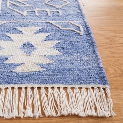 Blue and Ivory 8' x 10' Handwoven Wool Kilim Area Rug