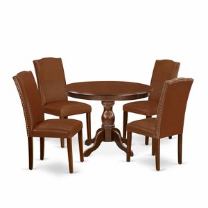 5-Piece Round Mahogany Finish Solid Wood Top Dining Table with 4 Parson Chair with - 1 of 4