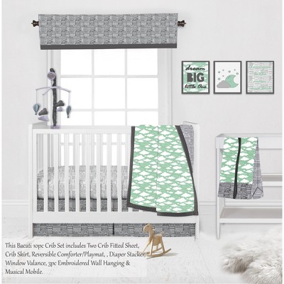 Bacati - Clouds in the City Mint/Gray 10 pc Crib Bedding Set with 2 Crib Fitted Sheets