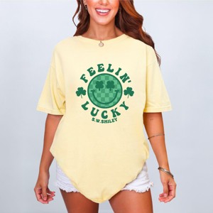 S.W.Smiley Feelin Lucky Checkered Smiley Face  - Women's Garment Dyed Graphic T-Shirt - 1 of 4