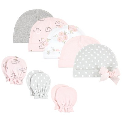 Image of Hudson Baby Infant Girl Cotton Cap and Scratch Mitten Set, Pink Gray Elephant, 0-6 Months