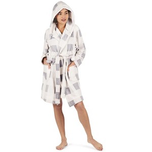 Memoi Women's Plaid Plush Hooded Robe with Pom-Pom Drawstrings - 1 of 4