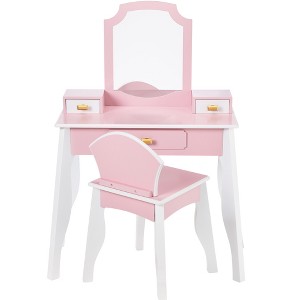 Best Choice Kids Wooden Pretend Play Vanity and Chair Set w/ Mirror – Little Girls Makeup Table with 3 Drawers - 1 of 4