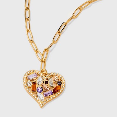 Mixed Stone Heart Charm Pendant Necklace - Wild Fable&#8482; Gold_1