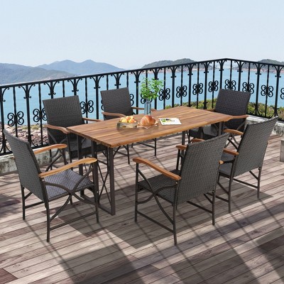 Set of 2 Brown Wicker Dining Chairs with Off-White Cushions
