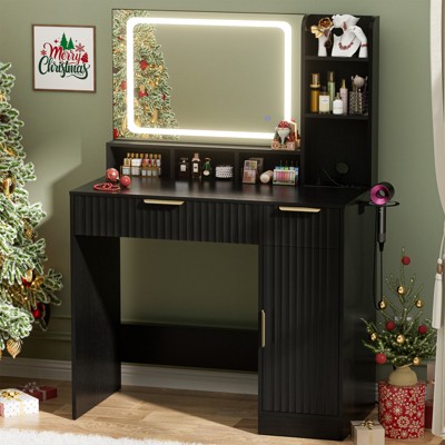 Aheaplus Vanity Desk with Mirror and Lights, Wooden Makeup Vanity Desk with Drawers and Charging Station