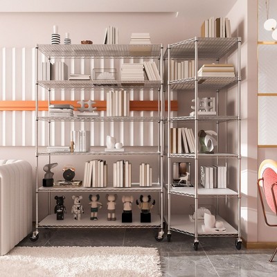 6 Tier Shelf Corner Wire Shelf Rack Pentagonal Shelves with Wheels Adjustable Metal Heavy Duty Free Standing Corner Storage Display Chrome Rack