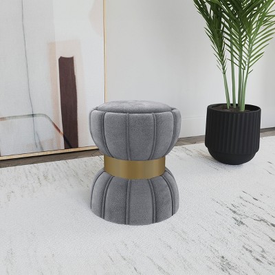 1pc Round Upholstered Ottoman Pouf Grey Velvety Soft Upholstery Vertical Ribbing Hourglass Silhouette Wide Metal Band Footrest Seat Makeshift Table