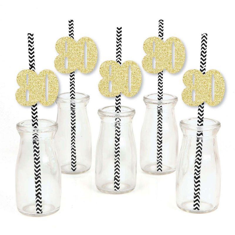 Big Dot of Happiness Gold Glitter 80 Party Straws - No-Mess Real Gold Glitter Cut-Out Numbers & Decorative 80th Birthday Party Paper Straws - 24 Ct, 2 of 8