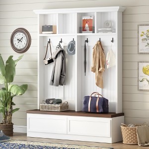 75.6"H Farmhouse 4-in-1 Hall Tree with Wood Grain Bench, Versatile Coat Rack with 2 Large Drawers and 6 Black Hooks - ModernLuxe - 1 of 4