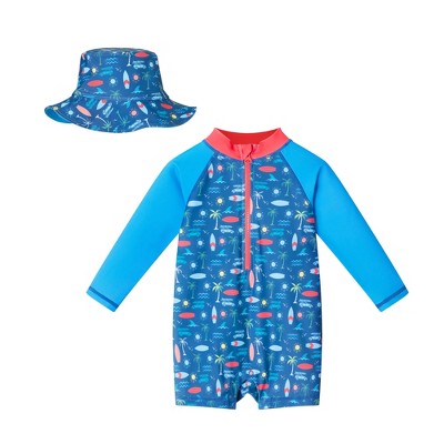 Andy & Evan  Infant  Long Sleeve Navy Beach Print Swim Romper w/Hat