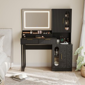 45" Makeup Vanity Desk with Mirror and Lights, Fluted Wooden Dressing Table with Charging Station, Modern Makeup Vanity Table for Bedroom - 1 of 4