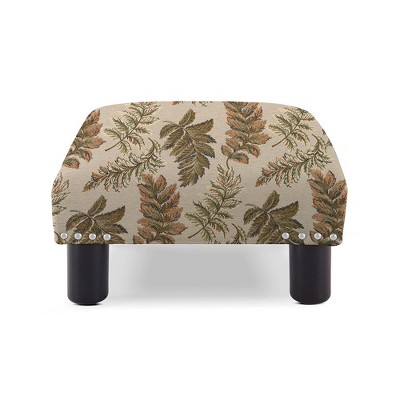 Tan Floral Jacquard Upholstered Square Ottoman with Black Legs