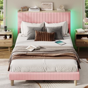 Bestier Queen Size Bed Frame with Corduroy Material Adjustable Header with Storage Shelf, Bedside with LED Strips,Wall-mounted Bed Structure - 1 of 4
