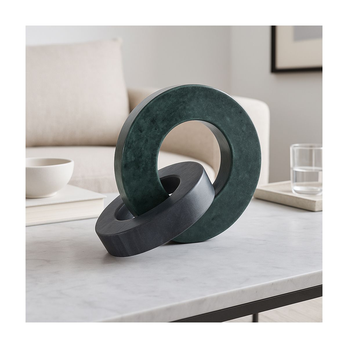 Modern Double Ring Sculpture for Home and Bathroom Decor - Interlocking Marble Rings for Office, Shelf, and Living Room Display - 6", White & Black