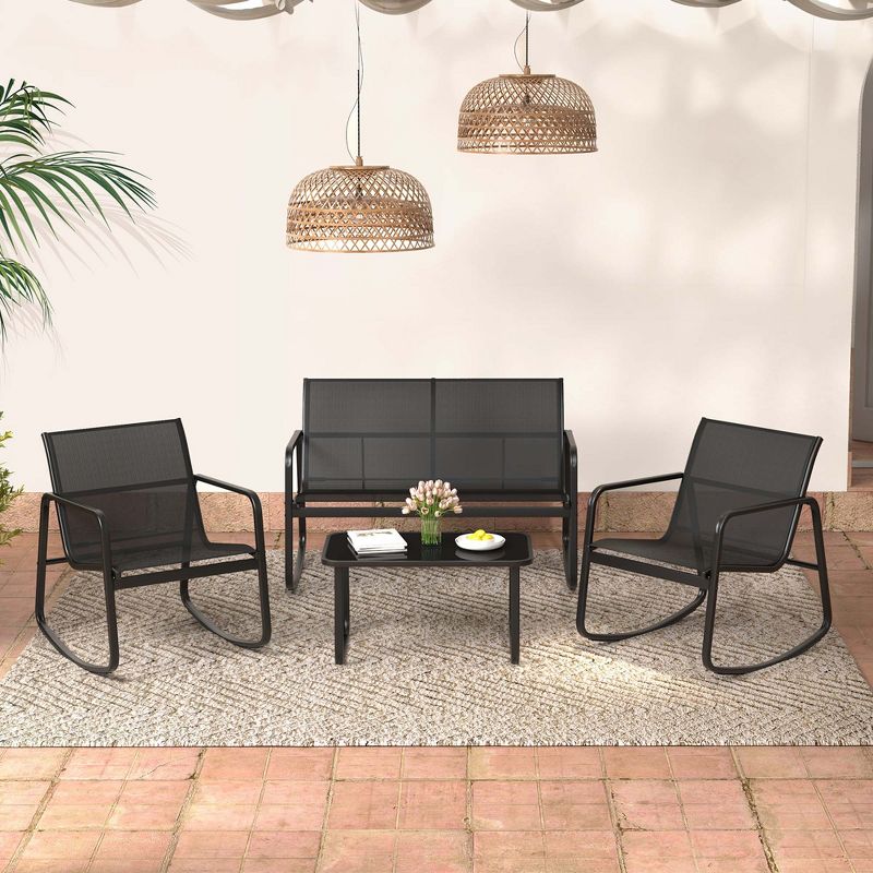 Costway 4/8 PCS Patio Rocking Set 4 Rocking Chairs & 2 Loveseat with Glass-Top Table Outdoor, 5 of 11